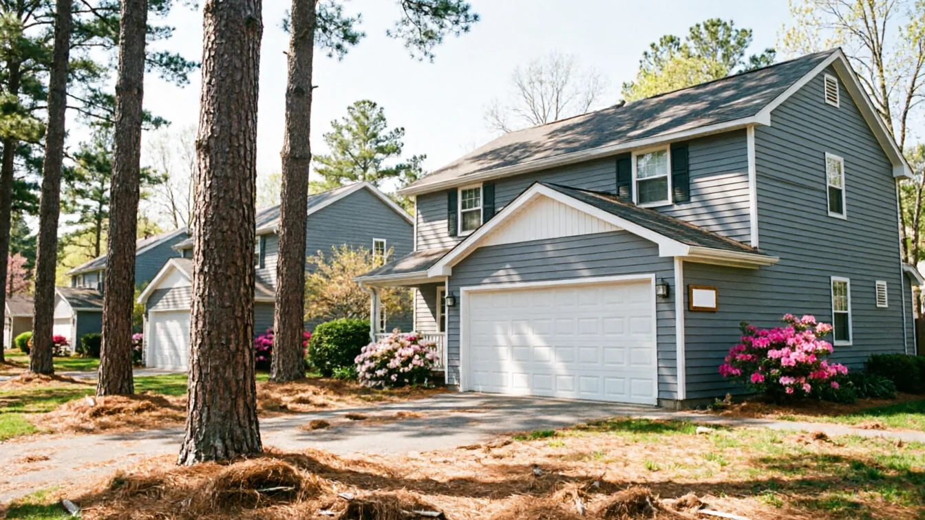 The house has a white garage door, gray siding, and green shutters.
