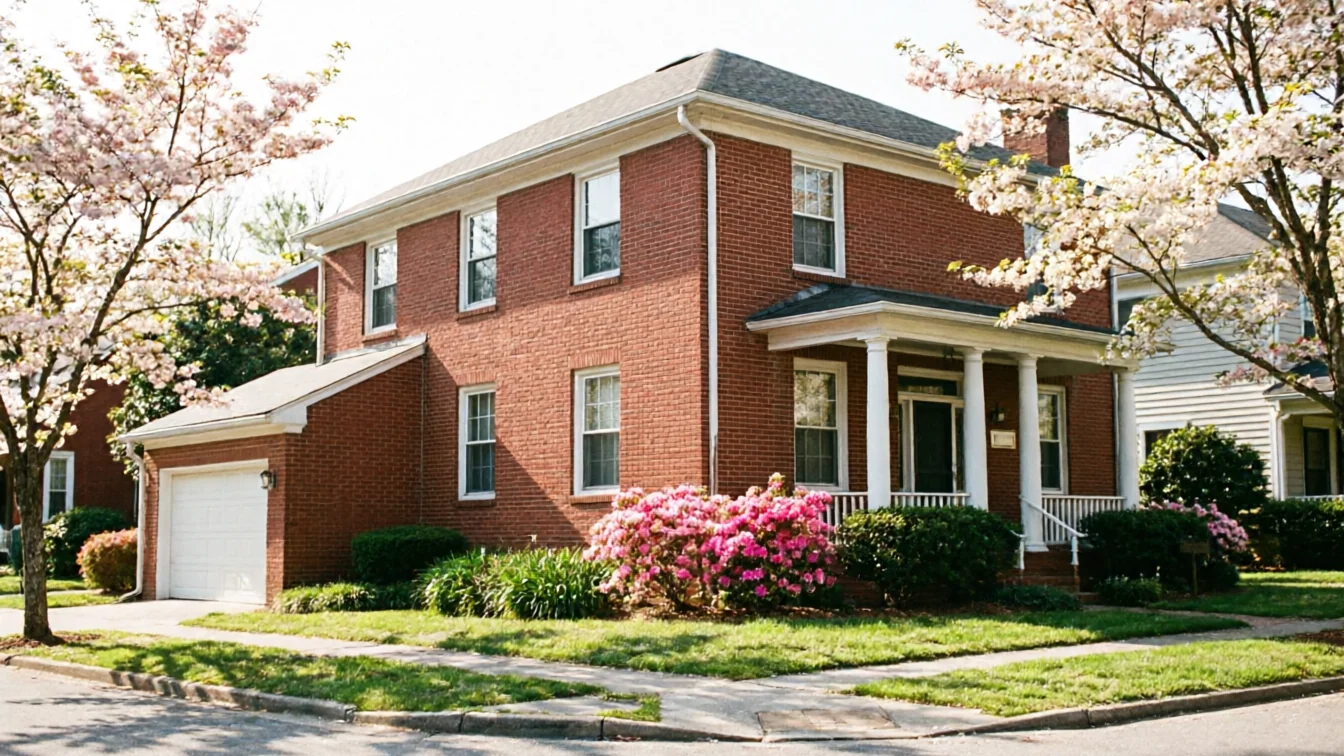 A red brick house with a white garage door and blooming trees.