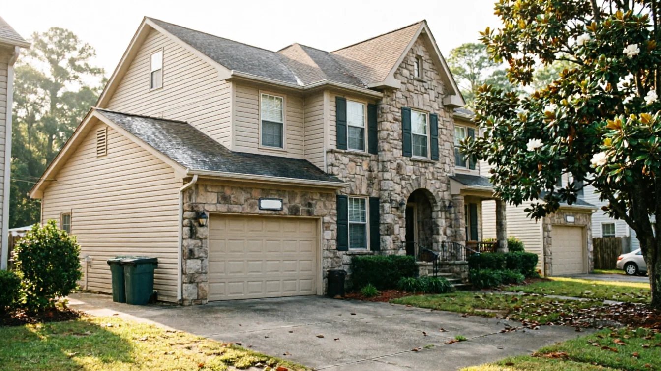 A two-story house with stone and siding has two garage doors.