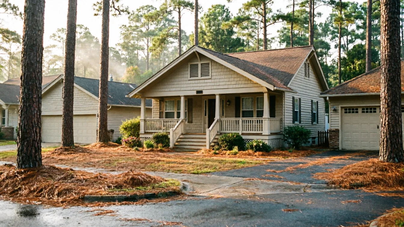 A light-colored house with a porch and a garage door is surrounded by pine trees.