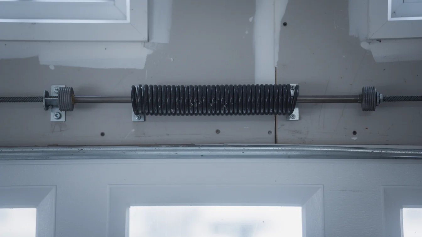 A torsion spring is mounted above a white garage door.
